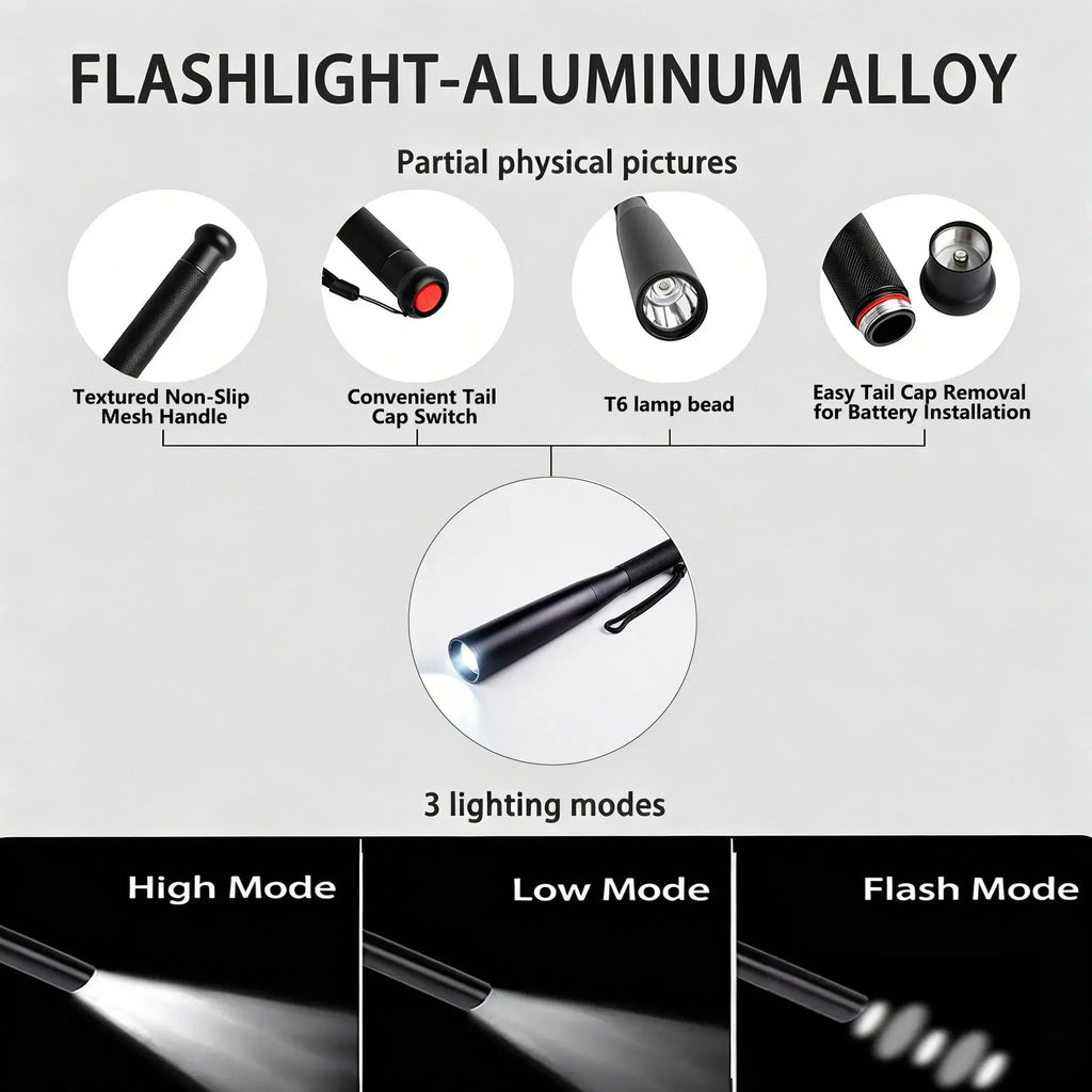Aluminum Alloy Flashlight - 3 Modes Durable Portable Torch